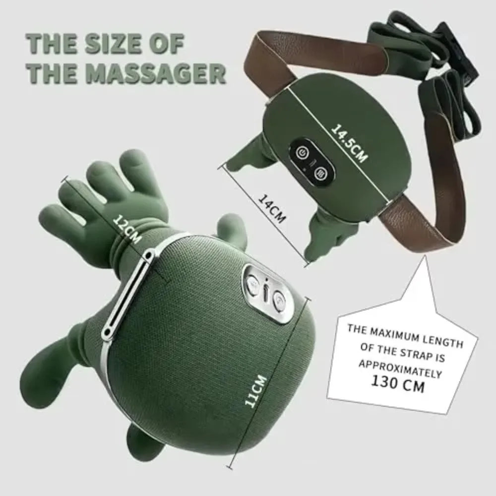 Size diagram of the green massager and brown strap, with the strap reaching up to about 130 cm