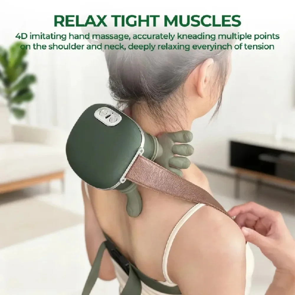 Woman with gray hair using the green finger neck massager, its silicone fingers kneading the side of her neck while she holds the strap