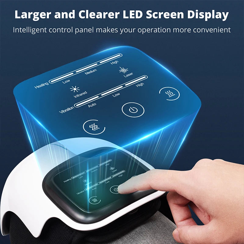 Finger pressing the large LED control screen on the knee massager