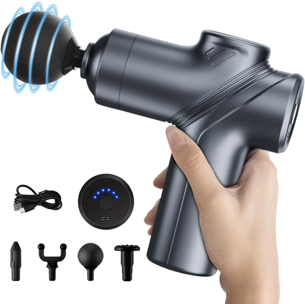 Hand holding the gray LEERCON Mini Massage Gun, shown with its charging cable, round case and four massage heads
