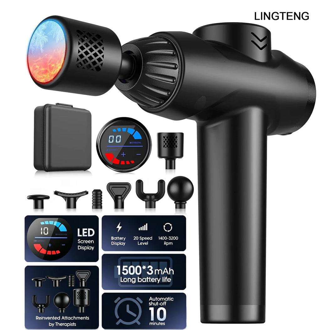 Black hot and cold massage gun with touch screen, 7 massage heads and carrying case