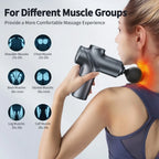 Woman using the mini massage gun on her shoulder, with a chart of suggested times for shoulder, chest, back, glute, leg and calf muscles