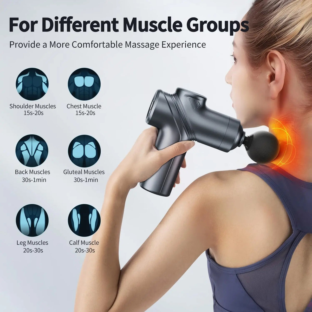 Woman using the mini massage gun on her shoulder, with a chart of suggested times for shoulder, chest, back, glute, leg and calf muscles