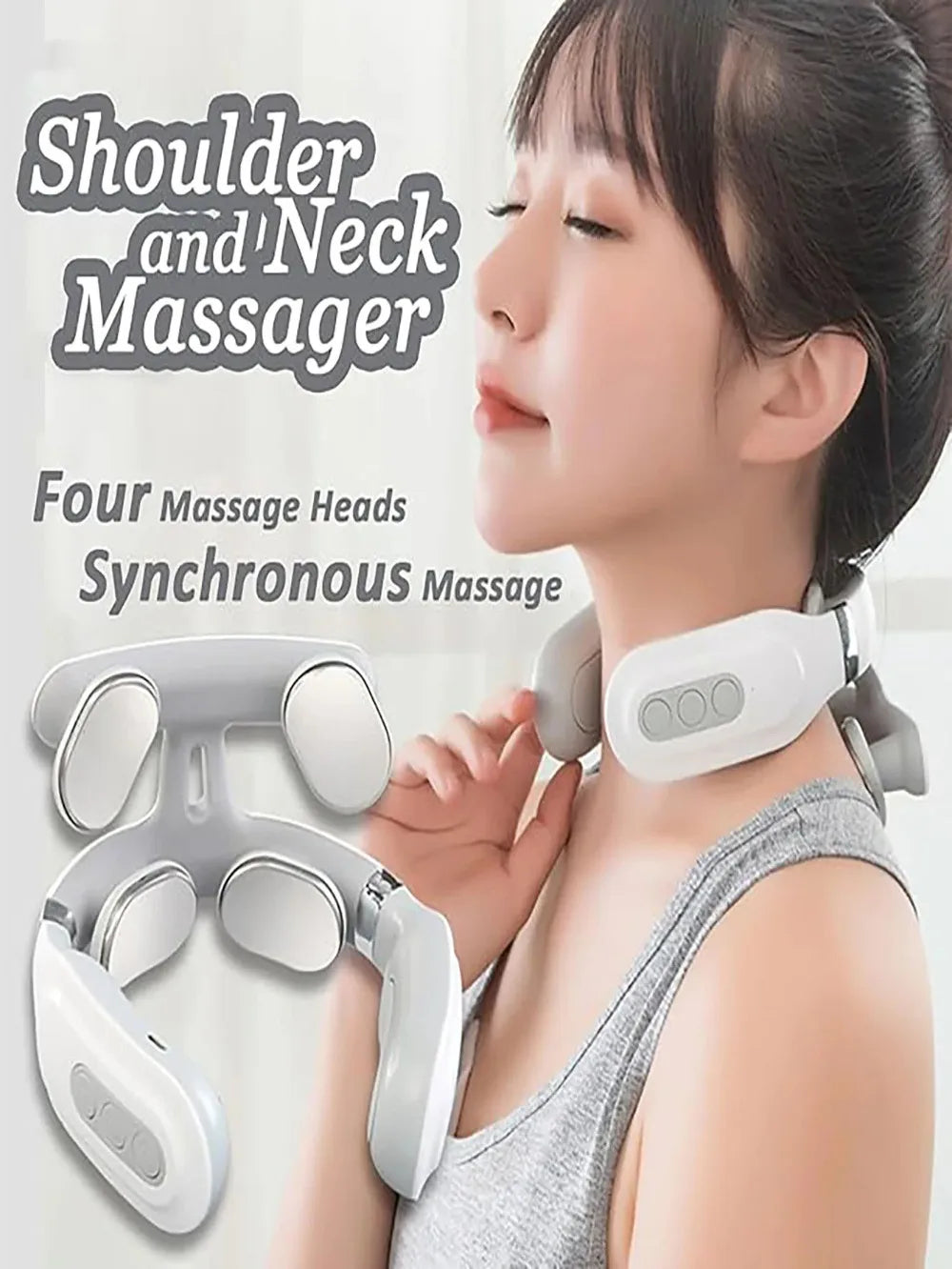 Woman relaxing with the white neck massager around her neck, captioned four massage heads working together