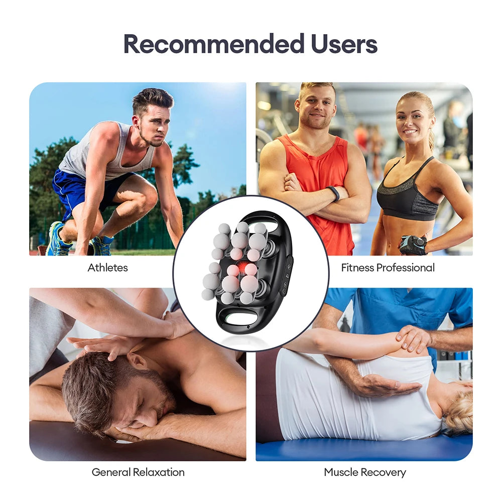 Photo collage of athletes, fitness trainers and a person getting a massage, with the multi-head fascia gun in the center