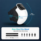 Knee massager with its adjustable hook and loop strap measurements, captioned one size fits most