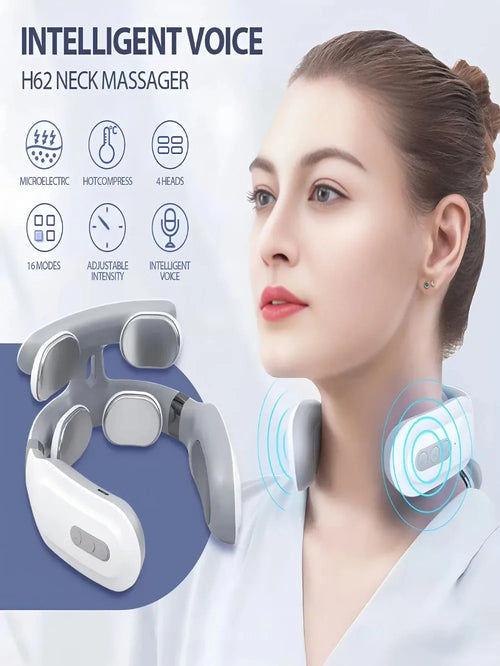 Woman wearing the white H62 neck massager, with icons for electric pulse, warm compress, 4 heads, 16 modes, adjustable intensity and voice prompts