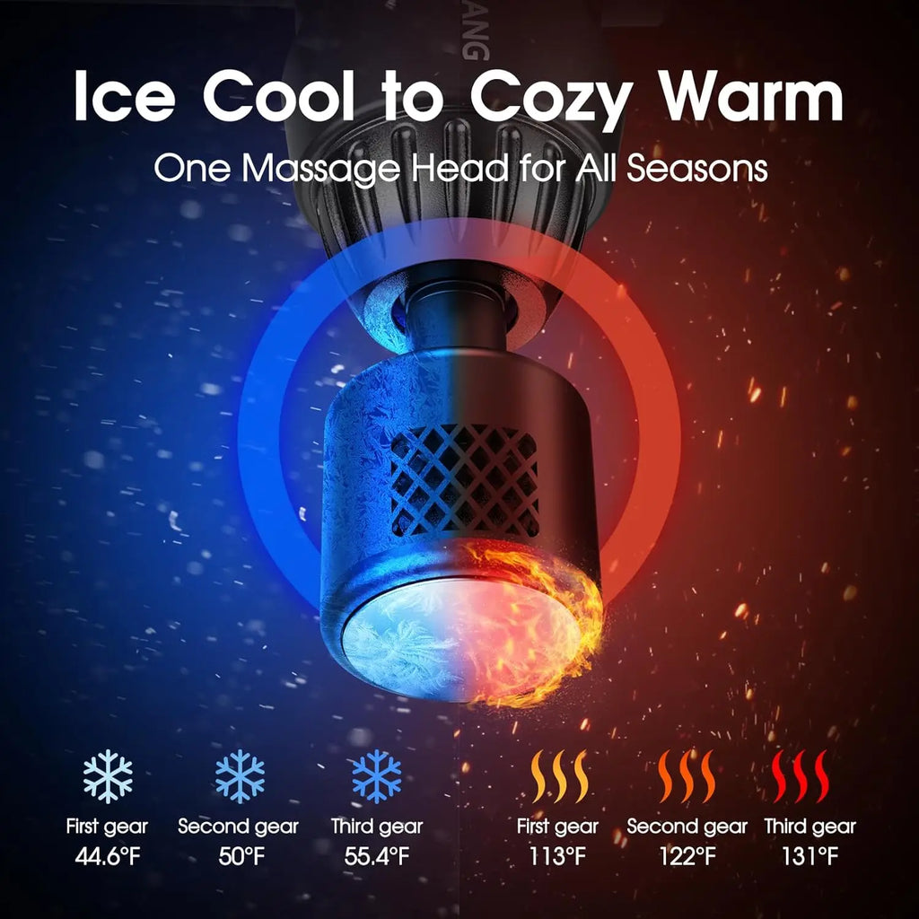 Hot and cold massage head showing three cool and three warm temperature settings