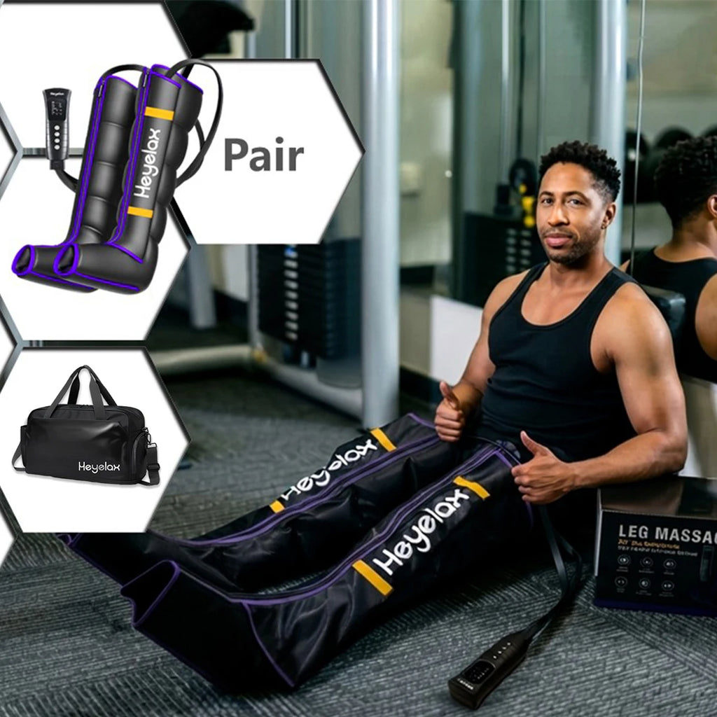 Man sitting on a bench wearing the black and purple Heyelax Air Compression Leg Massager on both legs, with the controller and carry bag shown