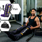 Man sitting on a bench wearing the black and purple Heyelax Air Compression Leg Massager on both legs, with the controller and carry bag shown