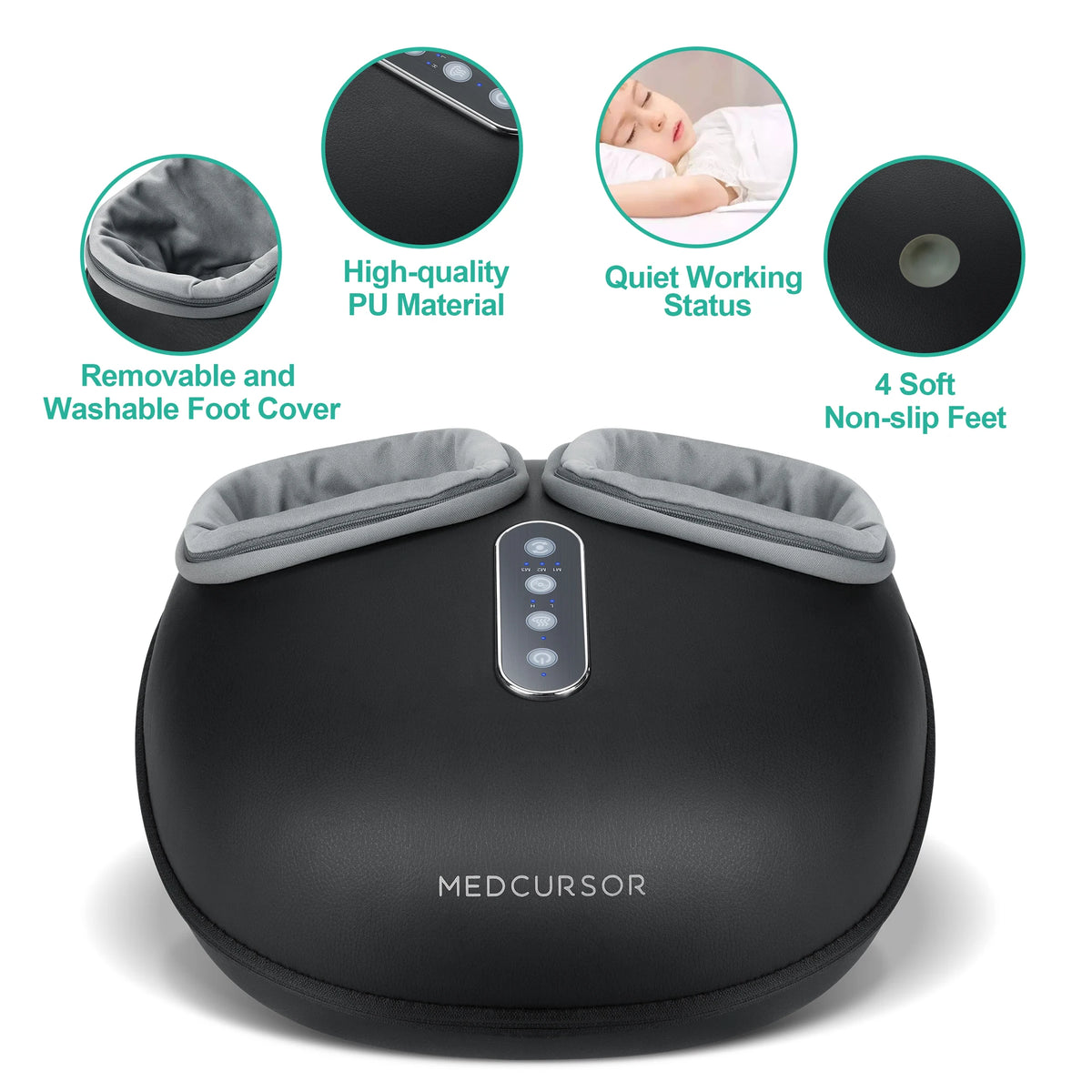 Foot massager with callouts for removable washable foot covers, PU material, quiet operation and 4 non-slip feet