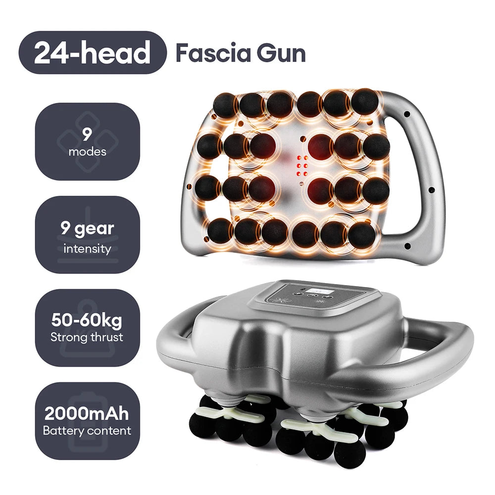 Silver 24-head fascia gun with two handles, listing 9 modes, 9 intensity levels, 50 to 60 kg thrust and a 2000 mAh battery