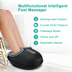 Person's feet in the foot massager, listing heat, 2 levels of air pressure, 3 massage modes, 15 minute auto off and detachable sleeves