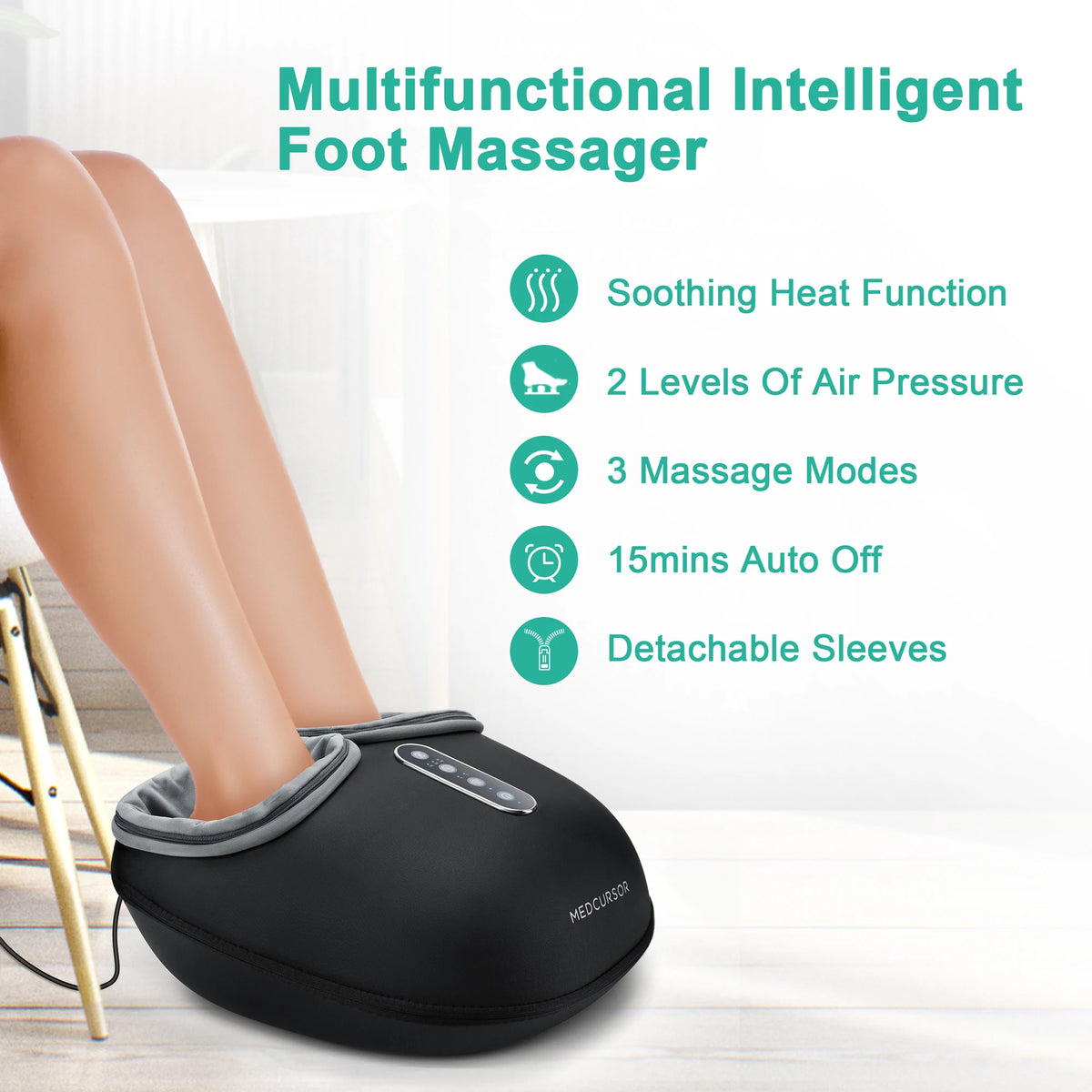Person's feet in the foot massager, listing heat, 2 levels of air pressure, 3 massage modes, 15 minute auto off and detachable sleeves