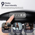 Finger pressing the digital display on the fascia gun, showing 9 modes grouped for muscle warm-up, fascia relaxation and deep relaxation