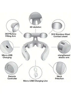 Labeled diagram of the white neck massager showing its rotating arms, stainless steel contact pads, elastic arms, charging port, remote control and charging cable