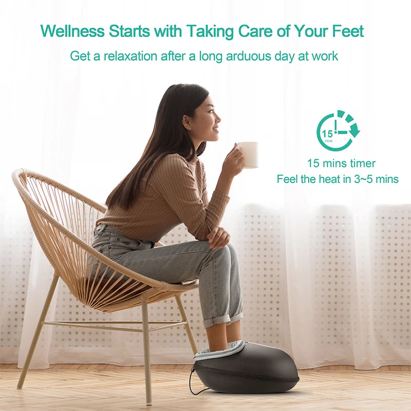 Woman relaxing in a chair with a cup of tea while using the foot massager, with a 15 minute timer icon