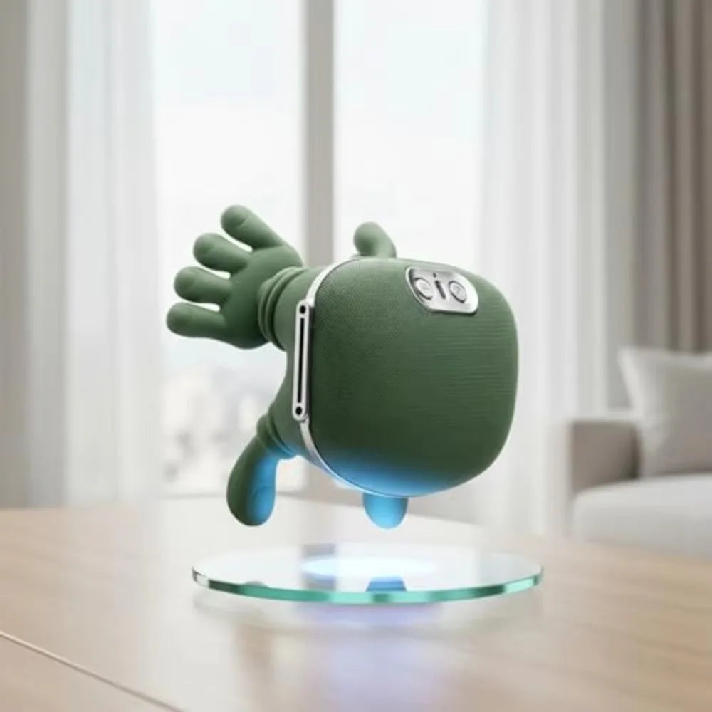 Green heated bionic neck massager standing on a glass display, showing its control buttons and silicone fingers