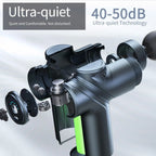 Exploded view of the mini massage gun's parts, captioned ultra quiet, 40 to 50 dB