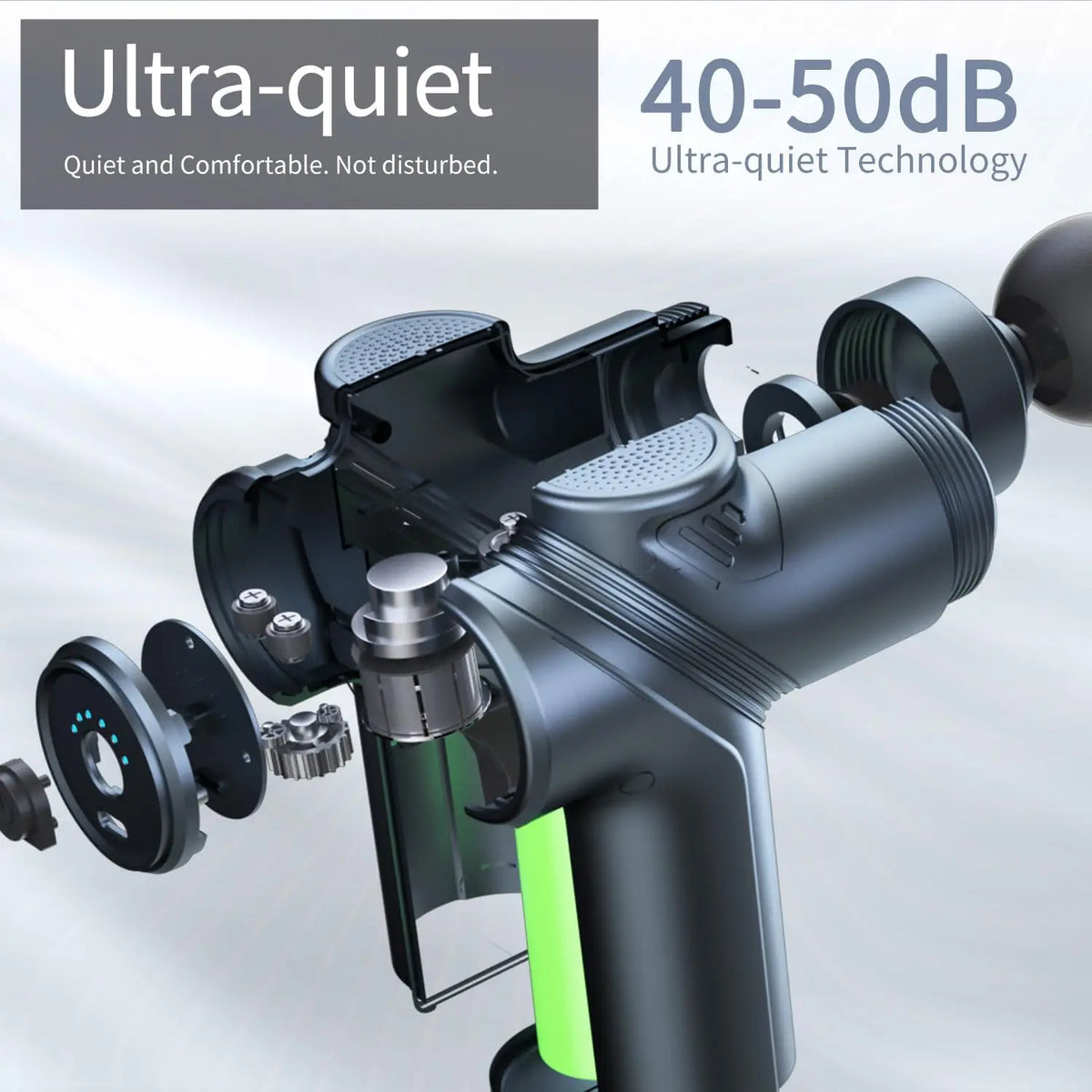 Exploded view of the mini massage gun's parts, captioned ultra quiet, 40 to 50 dB