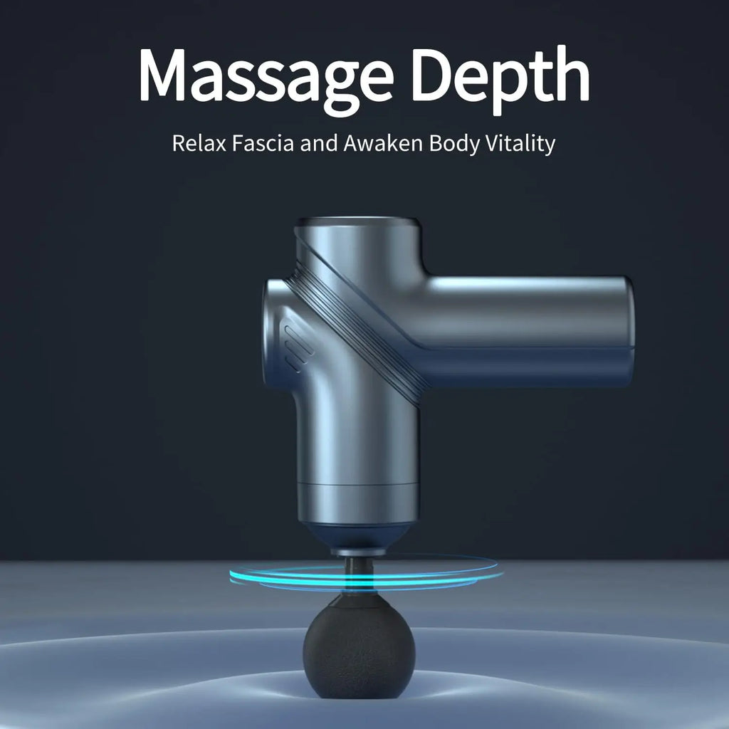 Mini massage gun standing upright with a round massage head, captioned massage depth
