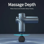 Mini massage gun standing upright with a round massage head, captioned massage depth