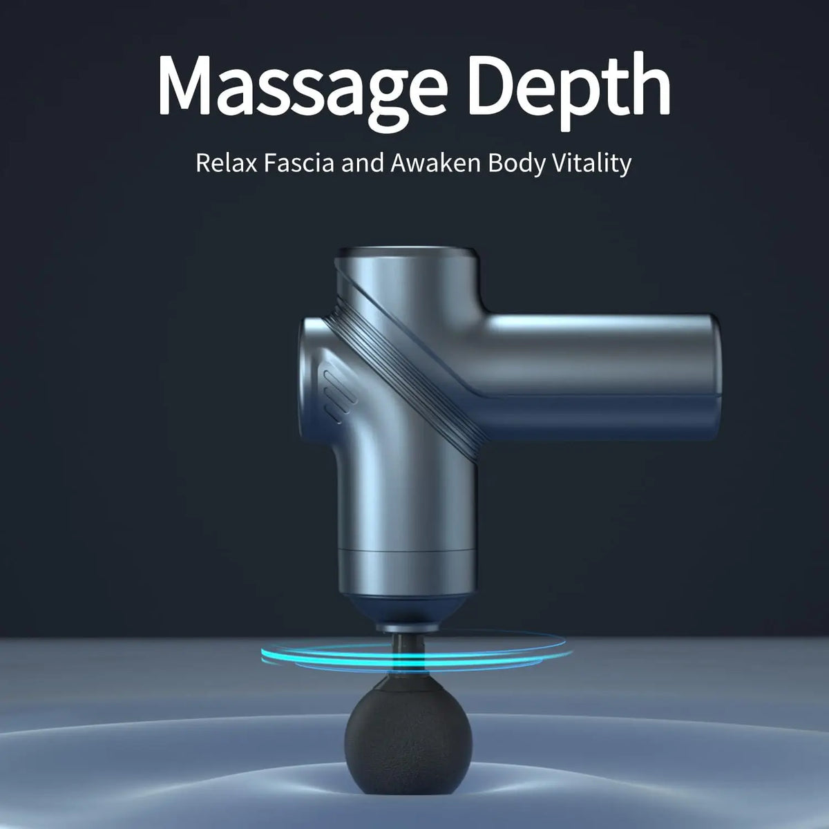 Mini massage gun standing upright with a round massage head, captioned massage depth