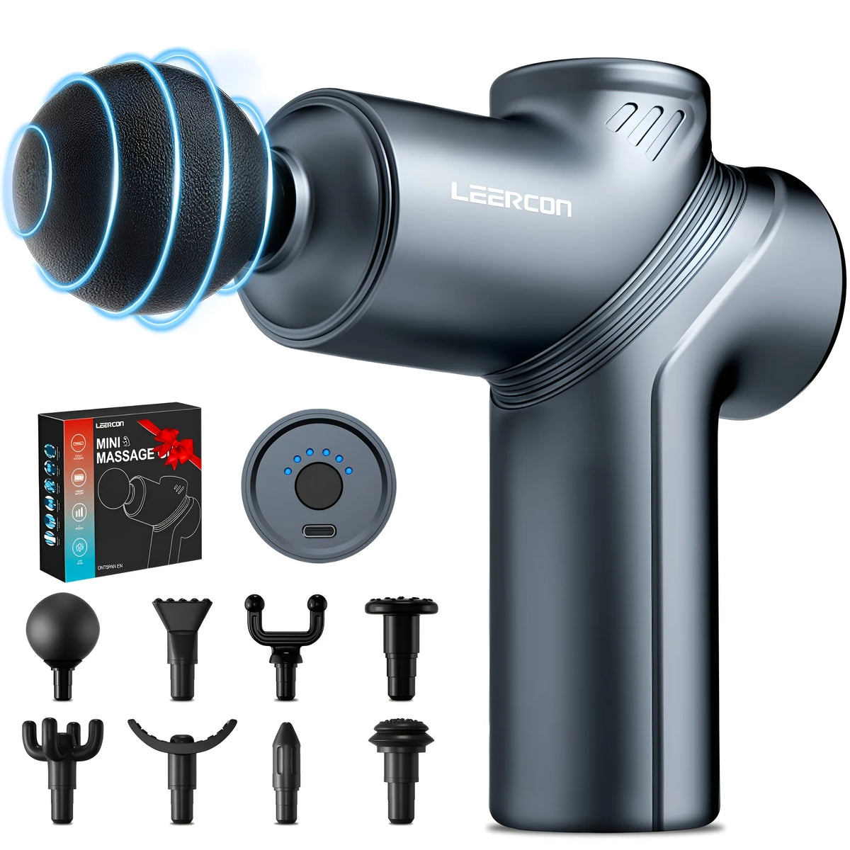 Gray LEERCON Mini Massage Gun 8-head set, with its gift box, carry case and eight interchangeable heads