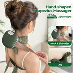 Green Bionic Finger Neck Massager resting on a woman's shoulder with its strap across her chest, with small inset photos showing it used on the neck and on the leg
