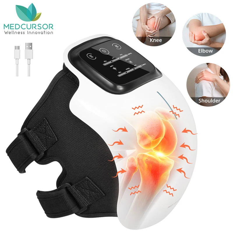 White Medcursor heated knee massager on a knee with a glowing heat area, with small photos showing it on the knee, elbow and shoulder