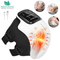 White Medcursor heated knee massager on a knee with a glowing heat area, with small photos showing it on the knee, elbow and shoulder