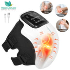White Medcursor heated knee massager on a knee with a glowing heat area, with small photos showing it on the knee, elbow and shoulder