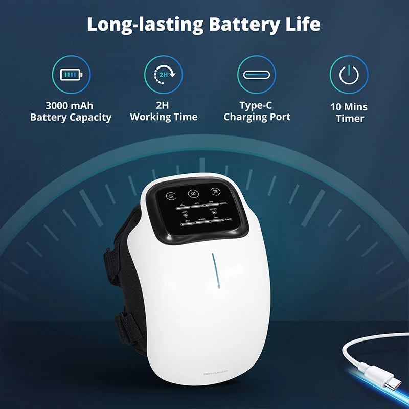 Knee massager with a charging cable, showing battery, working time, USB charging and 10 minute timer icons