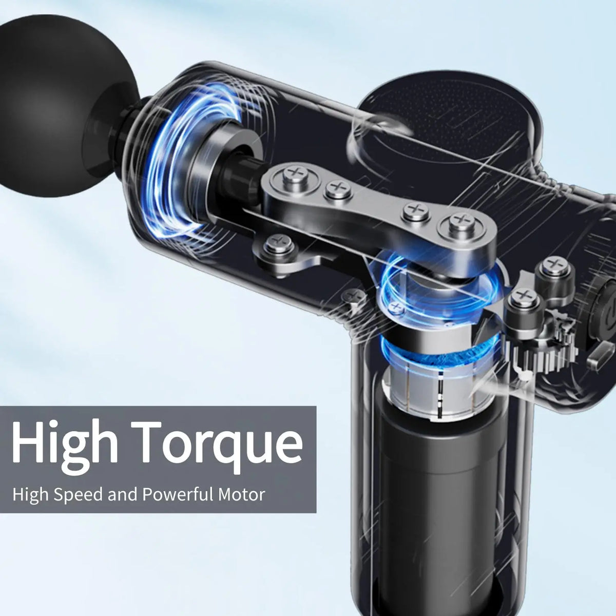 Cutaway view of the LEERCON Mini Massage Gun showing its motor inside, captioned high torque
