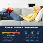 Woman relaxing on a sofa with the knee massager, with a chart of 3 heating modes and 3 vibration modes