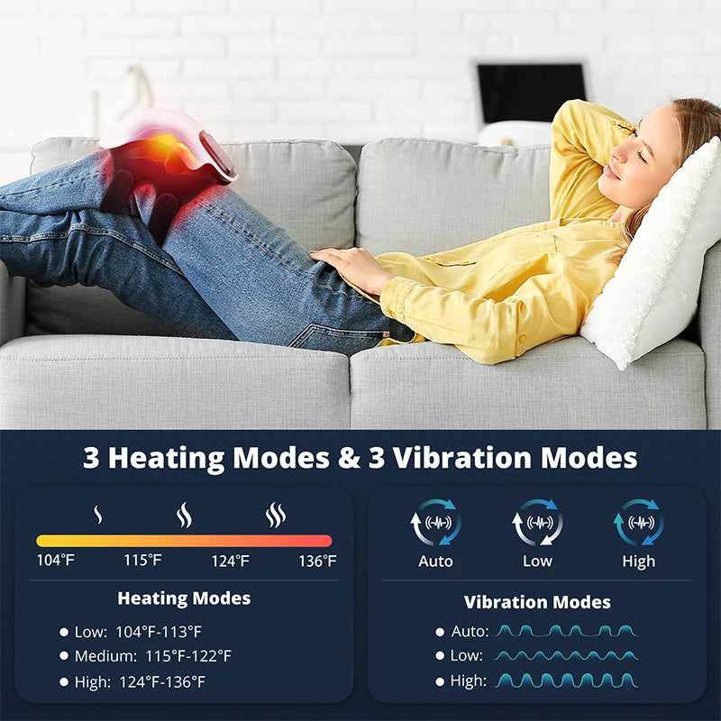 Woman relaxing on a sofa with the knee massager, with a chart of 3 heating modes and 3 vibration modes