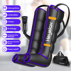 Pair of Heyelax leg compression sleeves with controller and duffel bag, listing 6 modes, 6 intensities, 3 timers, 10 airbags, zone massage, memory and power button
