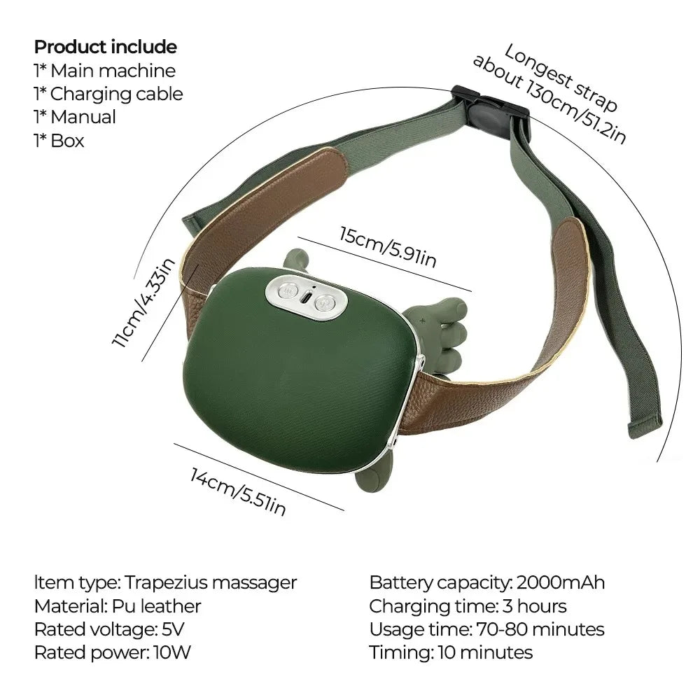 Diagram of the neck massager with measurements, strap up to about 130 cm long, plus what's in the box and specifications: 2000 mAh battery, 3 hour charge, 70 to 80 minutes of use, 10 minute timer