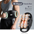 Man holding the black 18-head fascia gun by its two handles, next to a close-up of its massage heads, with 9 modes and 9 intensity levels