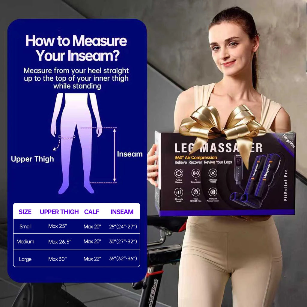 Size guide showing how to measure your inseam. Small: thigh up to 25 inches, calf 20, inseam 24 to 27. Medium: thigh up to 26.5, calf 20, inseam 27 to 32. Large: thigh up to 30, calf 22, inseam 32 to 36