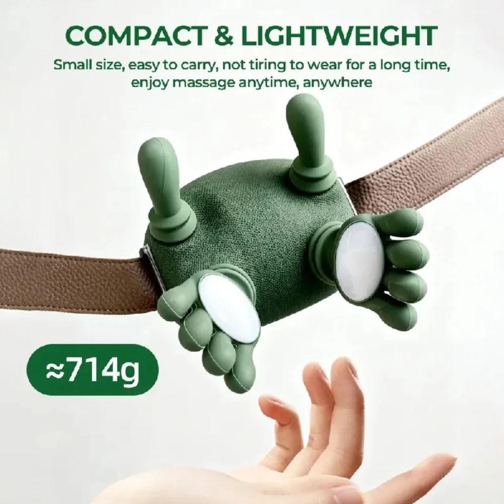 Bionic Finger Neck Massager shown from above with its silicone fingers and brown strap, labeled about 714 grams