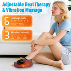 Woman sitting on the floor wearing the ankle massager, with a chart of 6 heat levels from 113 to 158 degrees F and 3 vibration intensities