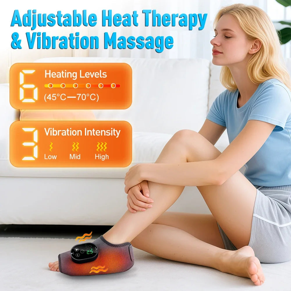 Woman sitting on the floor wearing the ankle massager, with a chart of 6 heat levels from 113 to 158 degrees F and 3 vibration intensities
