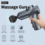 Hand holding the mini massage gun with icons for 1.3 lb weight, 10 mm stroke, 4 heads, 1800 to 3200 RPM, 6 speeds and 1800 mAh battery
