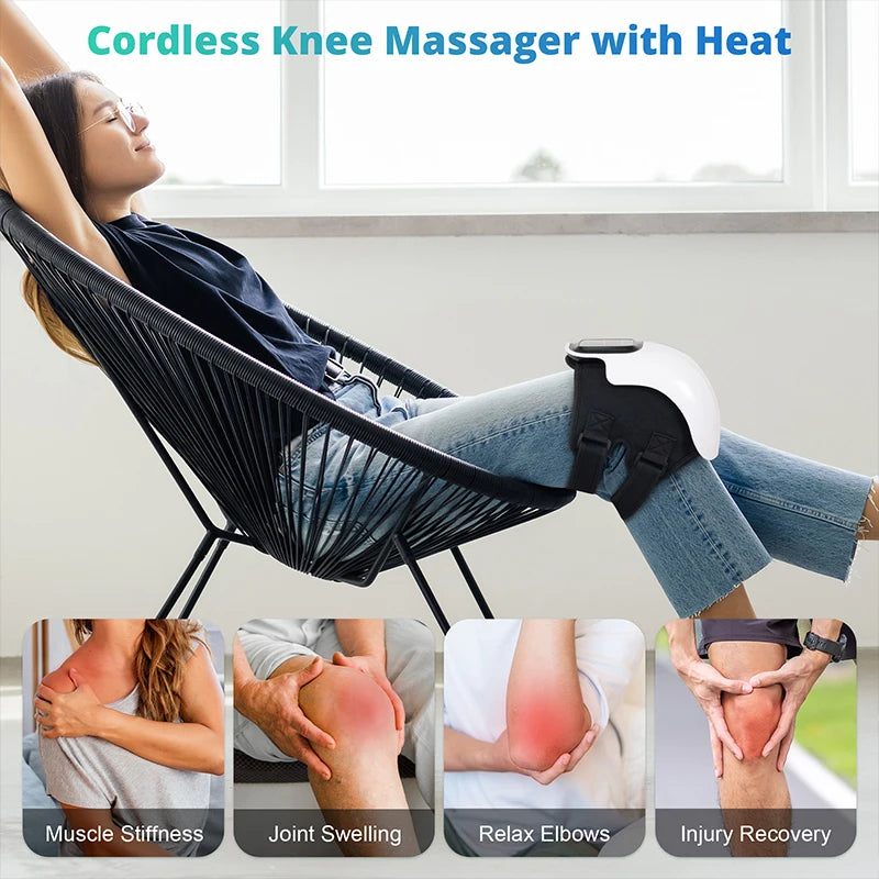 Woman in a lounge chair wearing the cordless knee massager, with photos of common knee discomforts