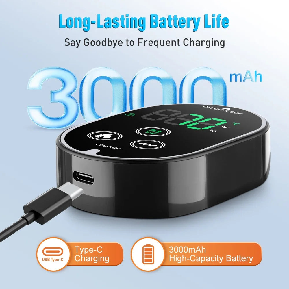 The rechargeable controller with a USB-C cable plugged in, captioned 3000 mAh long-lasting battery