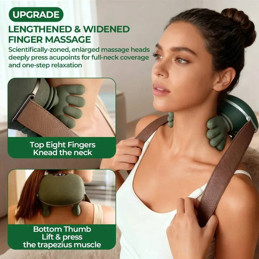Woman wearing the neck massager, with close-ups showing the top fingers kneading the neck and the bottom thumb pressing the shoulder muscle