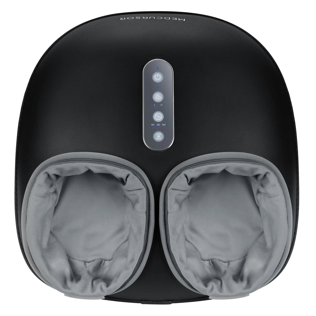 Top view of the Medcursor foot massager showing both soft gray foot sleeves