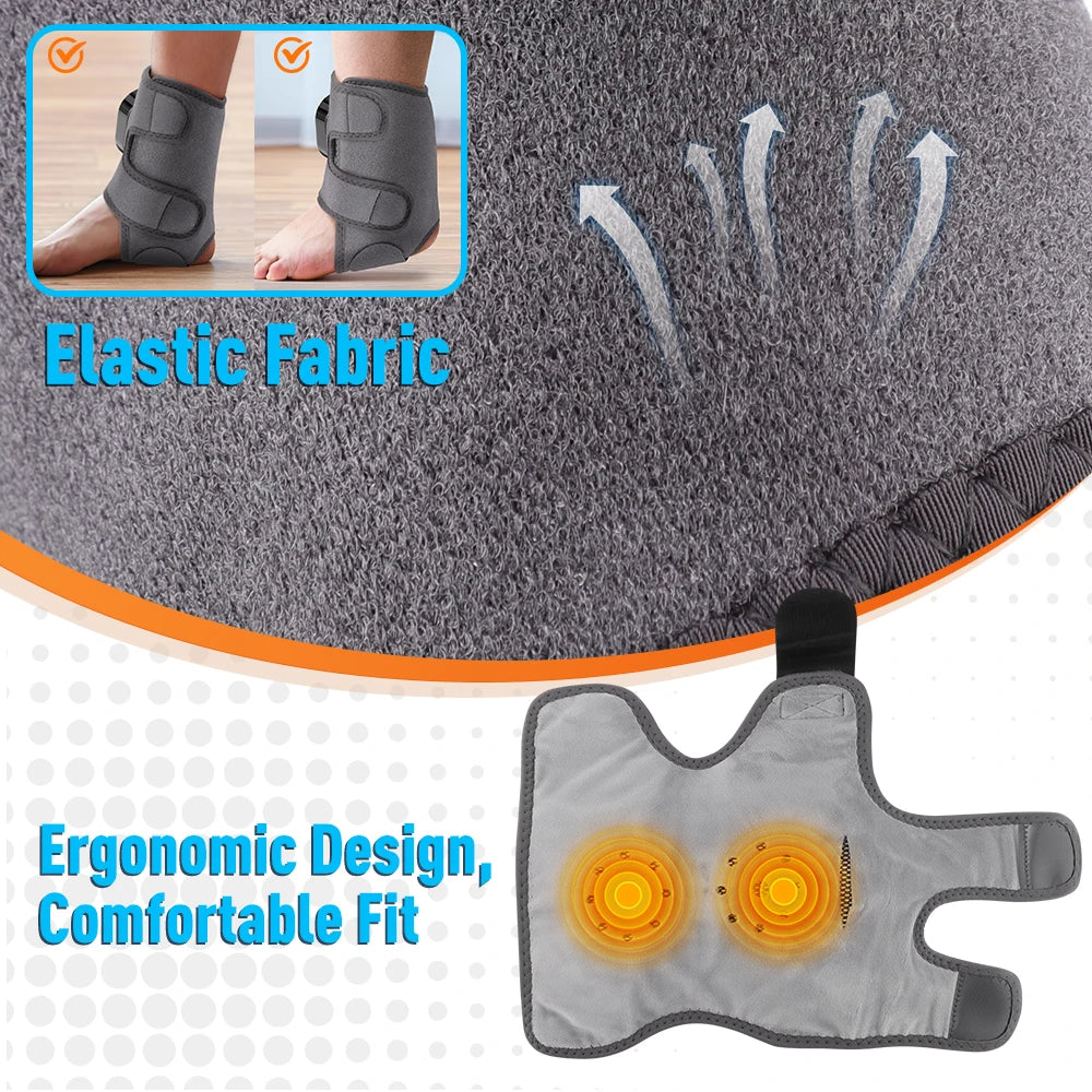 Close-up of the soft, stretchy gray fabric and the inside of the wrap showing its two heating zones, captioned ergonomic design and comfortable fit