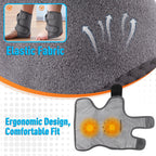 Close-up of the soft, stretchy gray fabric and the inside of the wrap showing its two heating zones, captioned ergonomic design and comfortable fit